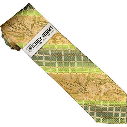 Stacy Adams Collection SA114 Lime Green / Apple Green / Tan Diagonal Paisley Diamond Design 100% Woven Silk Necktie/Hanky Set